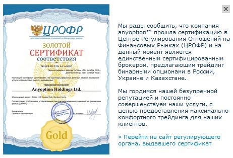 Сертификат ЦРОФР соответствия финансовой компании Anyoption