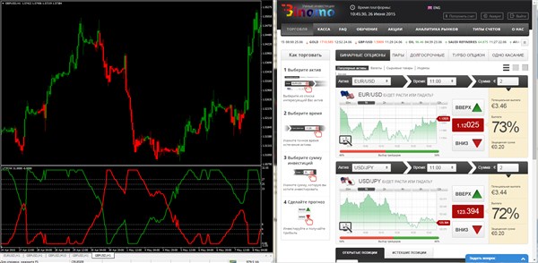Устанавливаем на экране рядом окна терминала МТ 4 и Биномо, и переходим к стратегии: