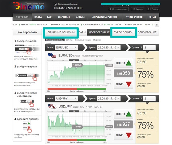 Брокер Binomo позволяет работать и с «Турбоопционами», и с «Бинарными опционами»